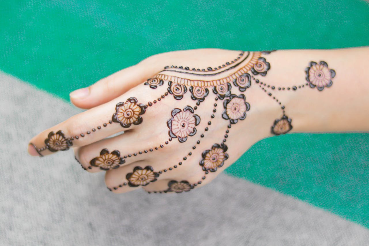 Close-up of a woman's hand with intricate floral henna design, representing cultural tradition.